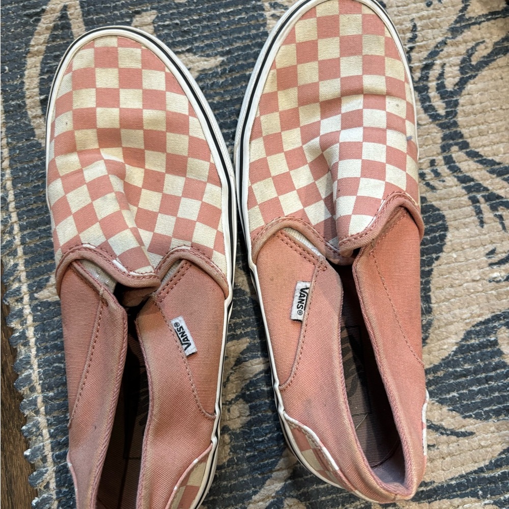 Vans Pink and Cream Checkered Slip-Ons